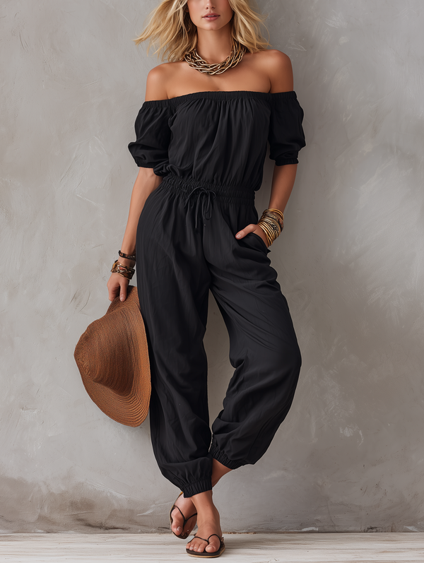 Julia™ | Lässiger schwarzer gewobener Off-Shoulder ärmelloser Jumpsuit