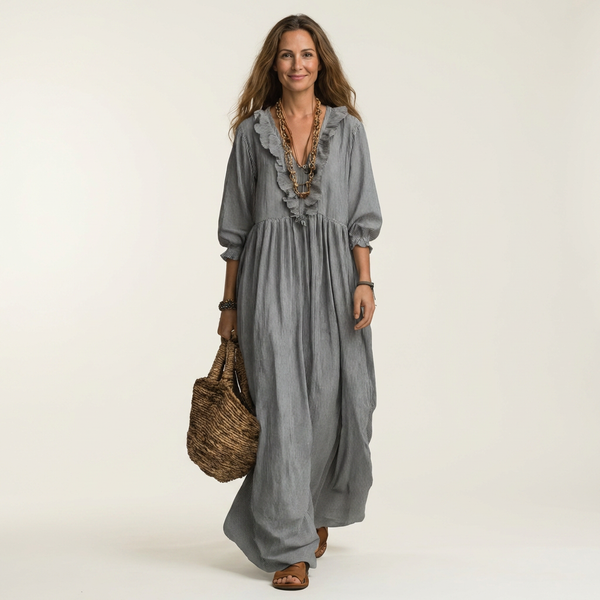 PALOMA | RÜSCHEN V-AUSSCHNITT STREIFEN MAXI KLEID MIT LATERNENÄRMELN