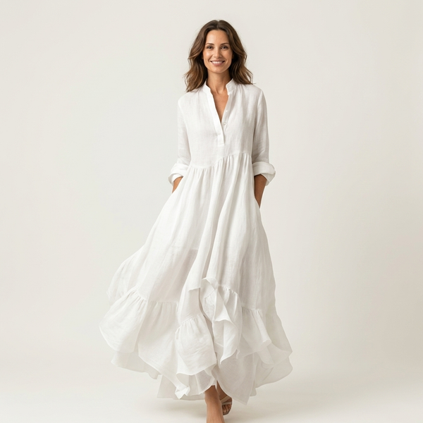 ADRIANNA | MAXIKLEID MIT STEHKRAGEN, KNOPFLEISTE UND VOLANTSAUM